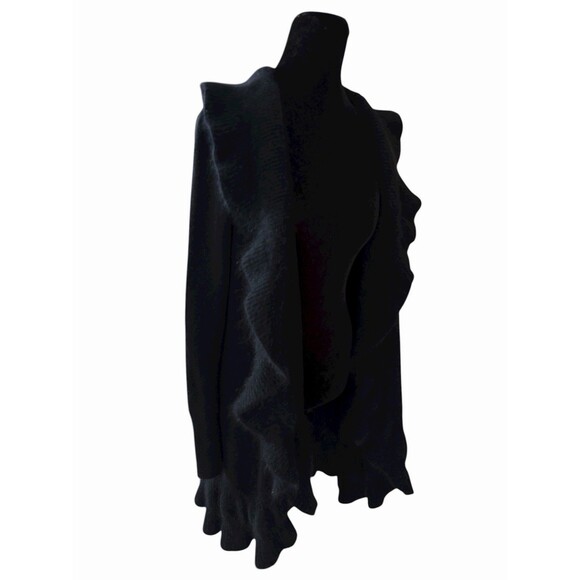 White House Black Market Cardigan Sz M Black Ruffle Open Front Rabbit Hair Wool - Picture 5 of 10